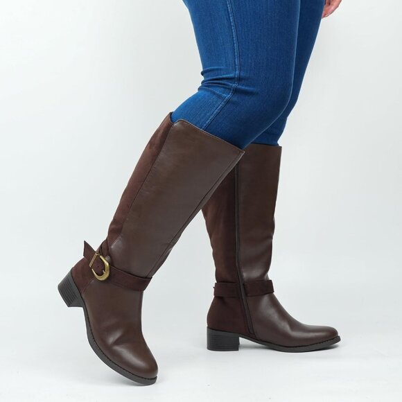 ⚡Women's Brown Synthetic Extra Wide Calf Pull On Side Zipper Knee High Boots - Picture 3 of 6